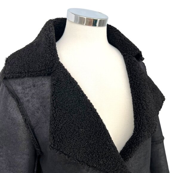 Velvet Faux Suede Sherpa Jacket Notch Collar Black Size Large - Picture 4 of 12